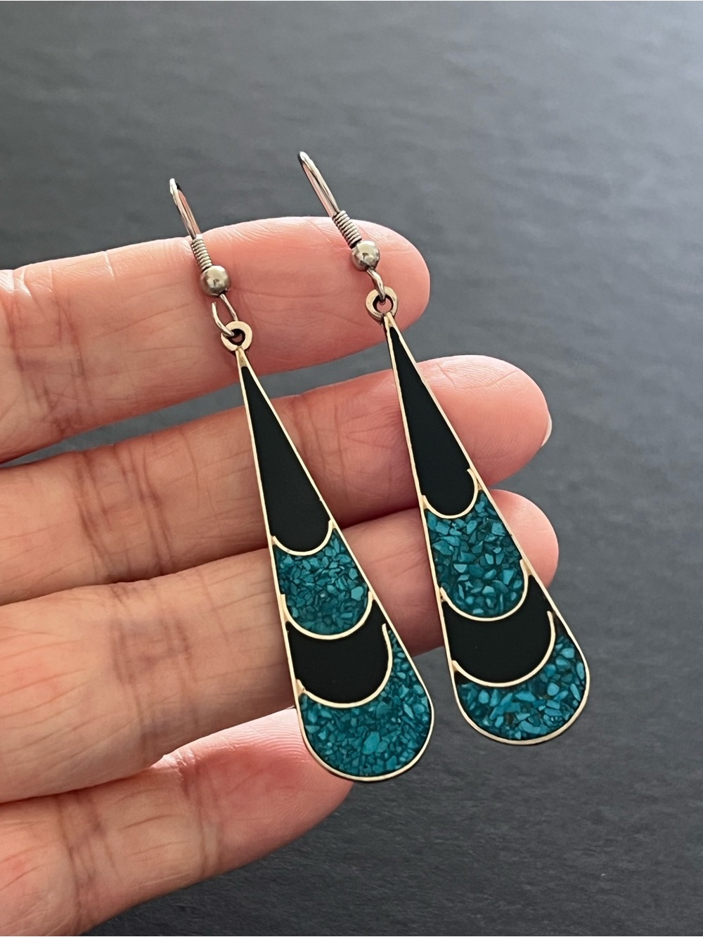 Vintage Mexican Alpaca Inlay Teardrop Dangle Earrings, Boho Jewelry